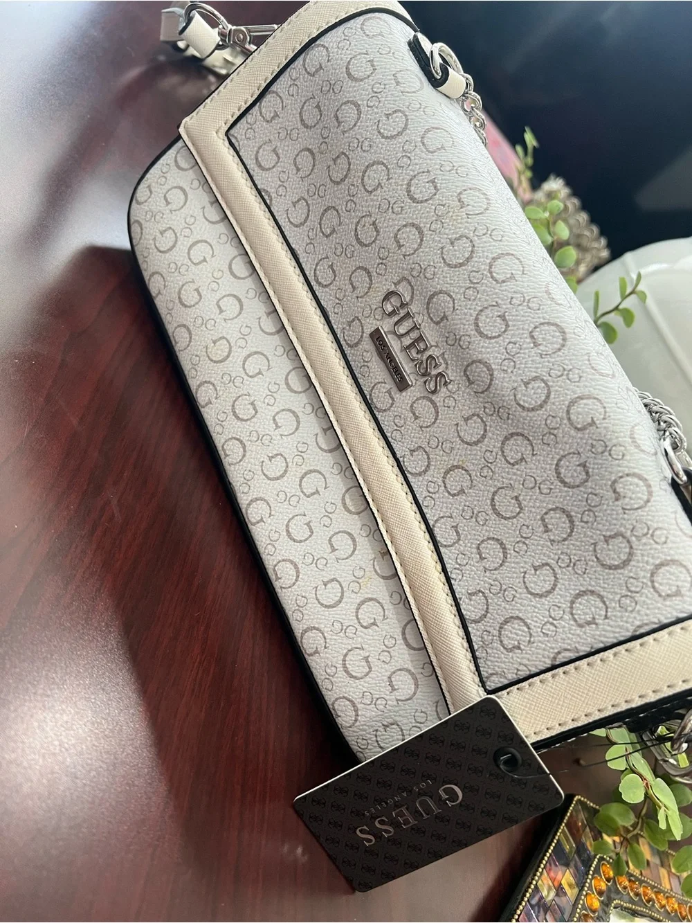 Guess Cream Signature Monogram Crossbody Bag with Chain Strap